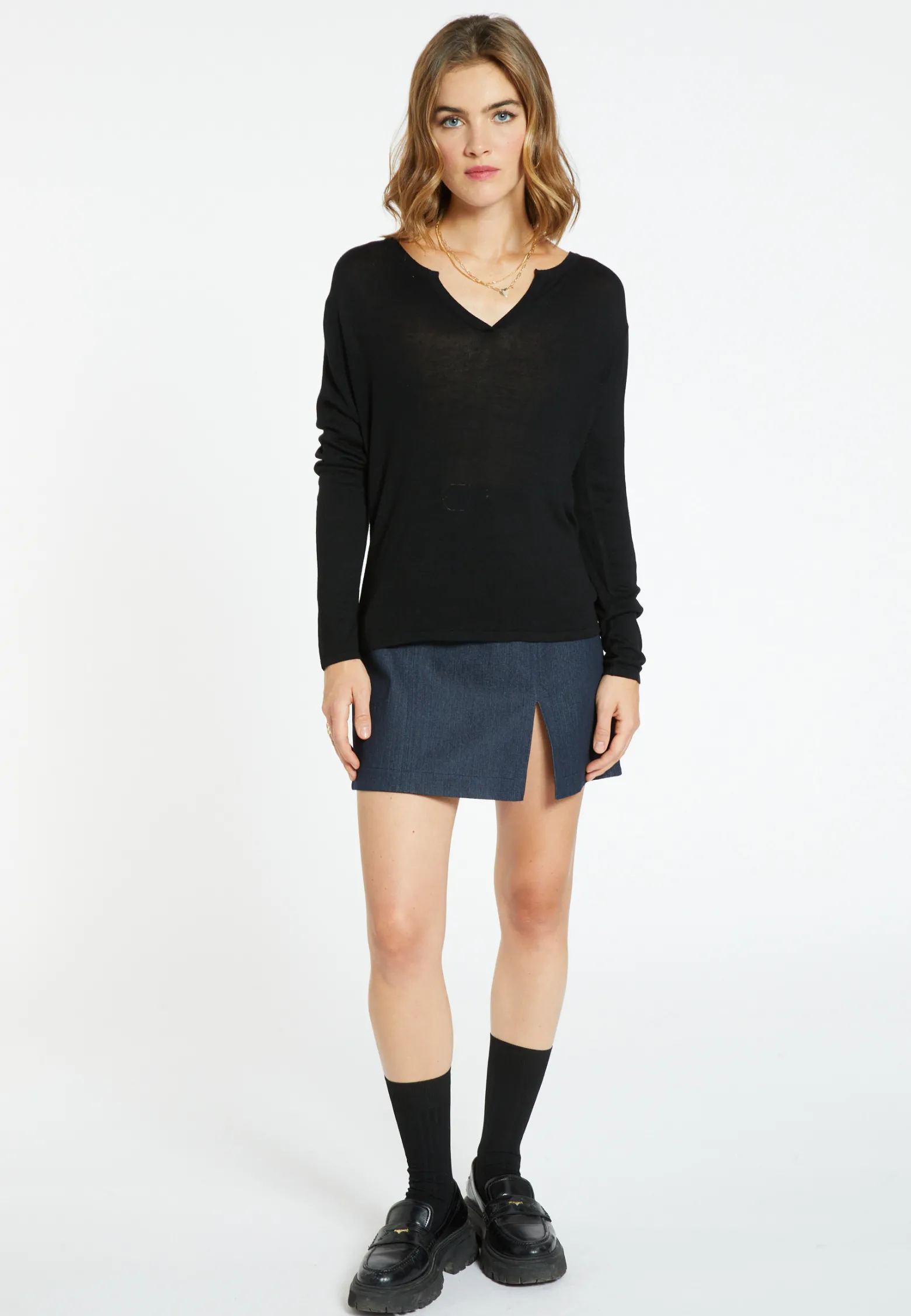 Montagut Bamboo cashmere t-shirt with tunisian collar - Aesha