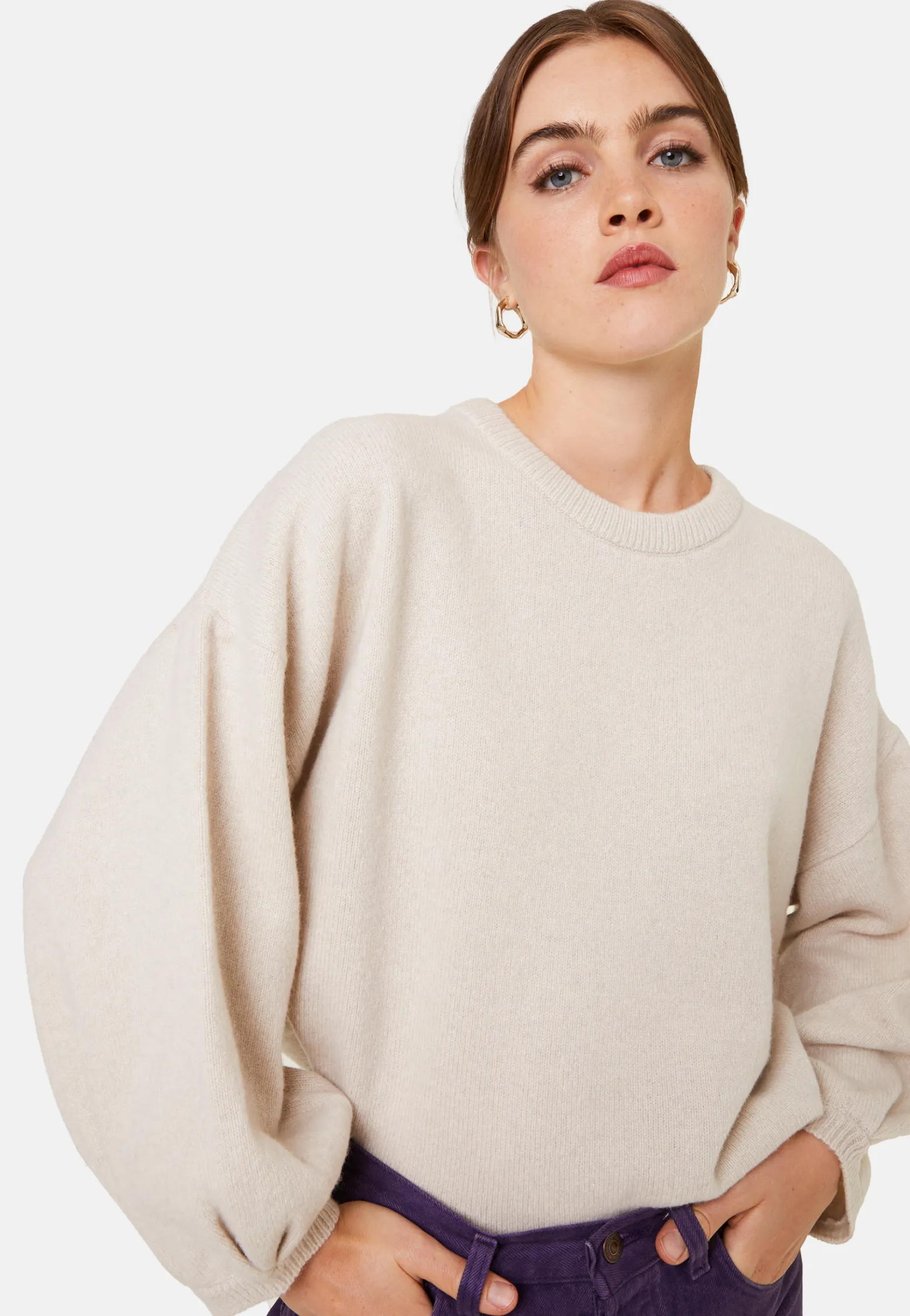 Montagut Cashmere blend round-neck sweater with puff sleeves - Lamaras