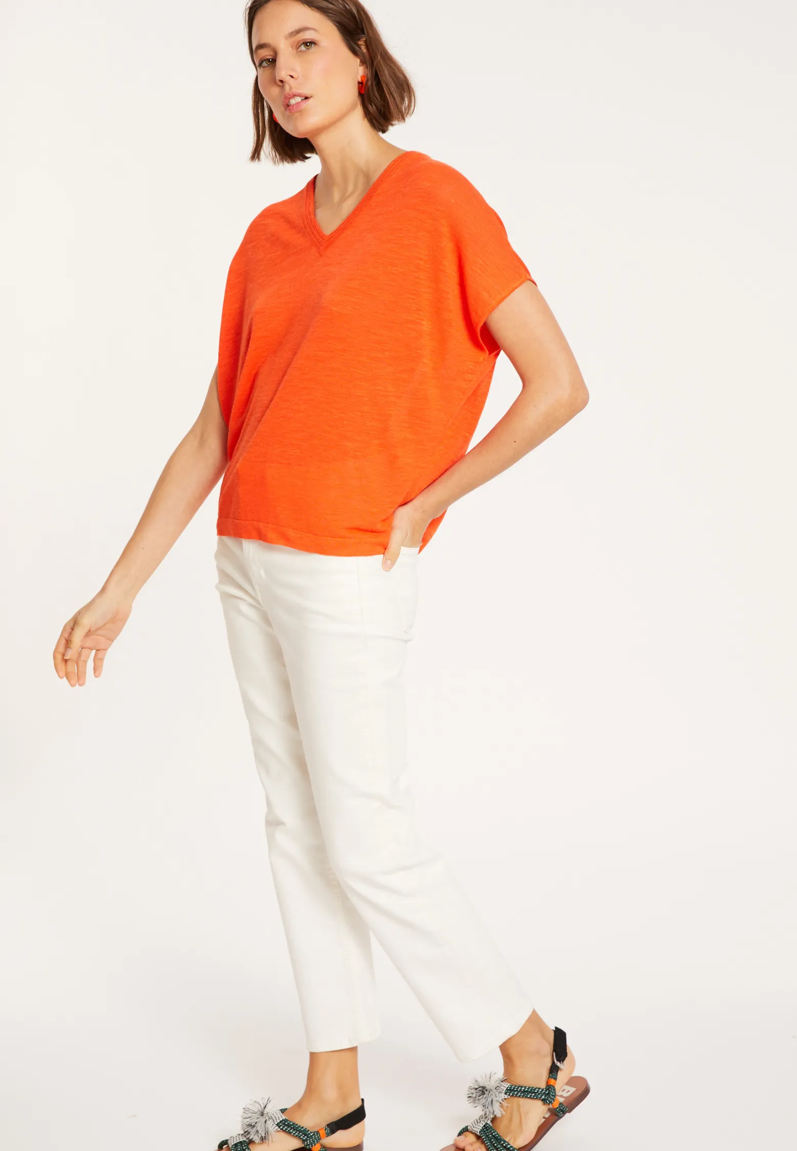Montagut Flamed linen V-neck loose T-shirt - Marra