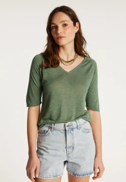 Montagut Flamed linen V-neck t-shirt - Bonbon