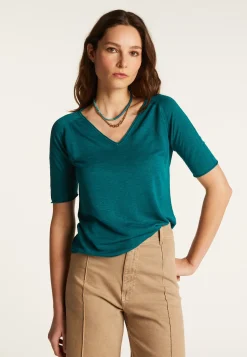 Montagut Flamed linen V-neck t-shirt - Bonbon