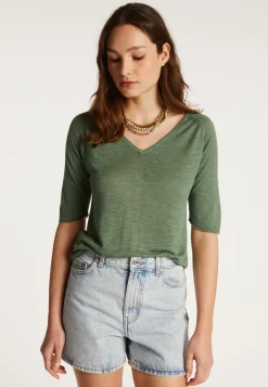 Montagut Flamed linen V-neck t-shirt - Bonbon
