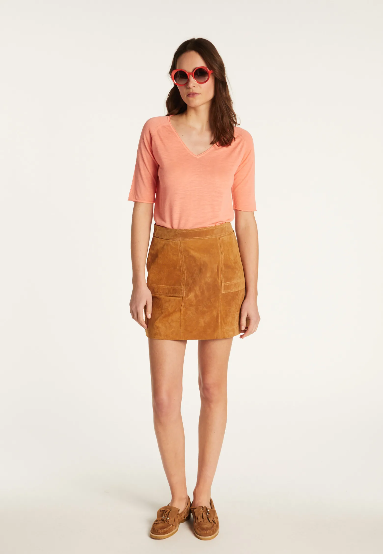 Montagut Flamed linen V-neck t-shirt - Bonbon