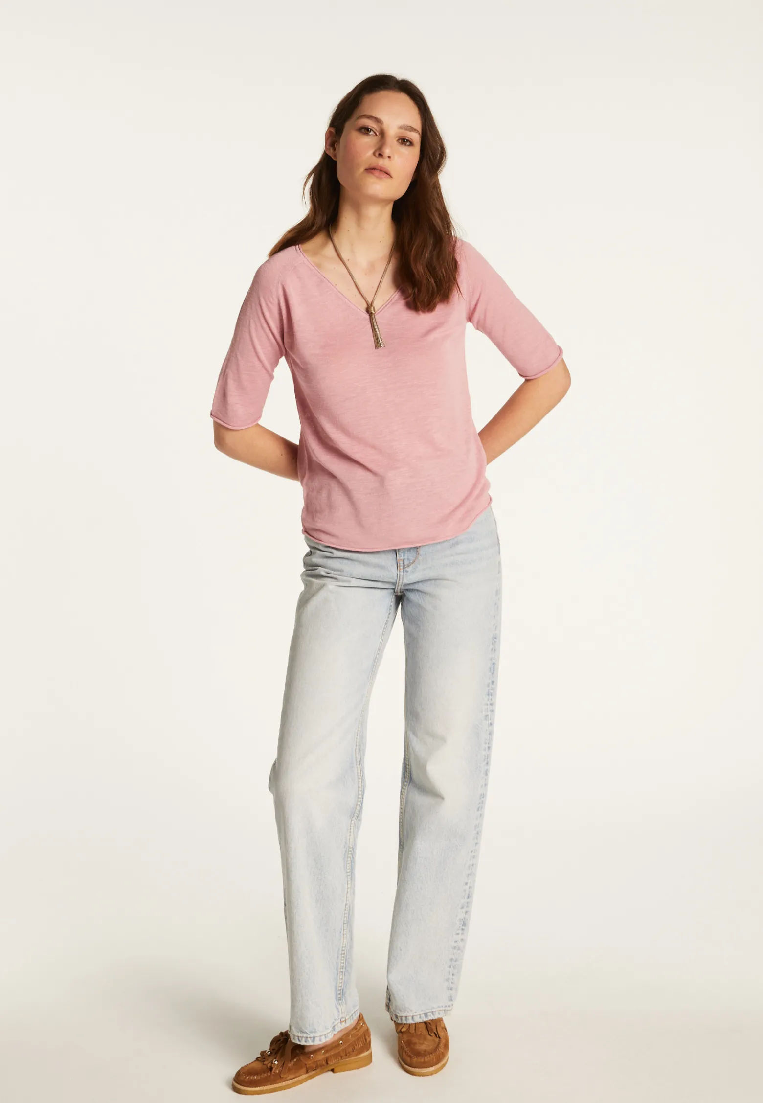 Montagut Flamed linen V-neck t-shirt - Bonbon