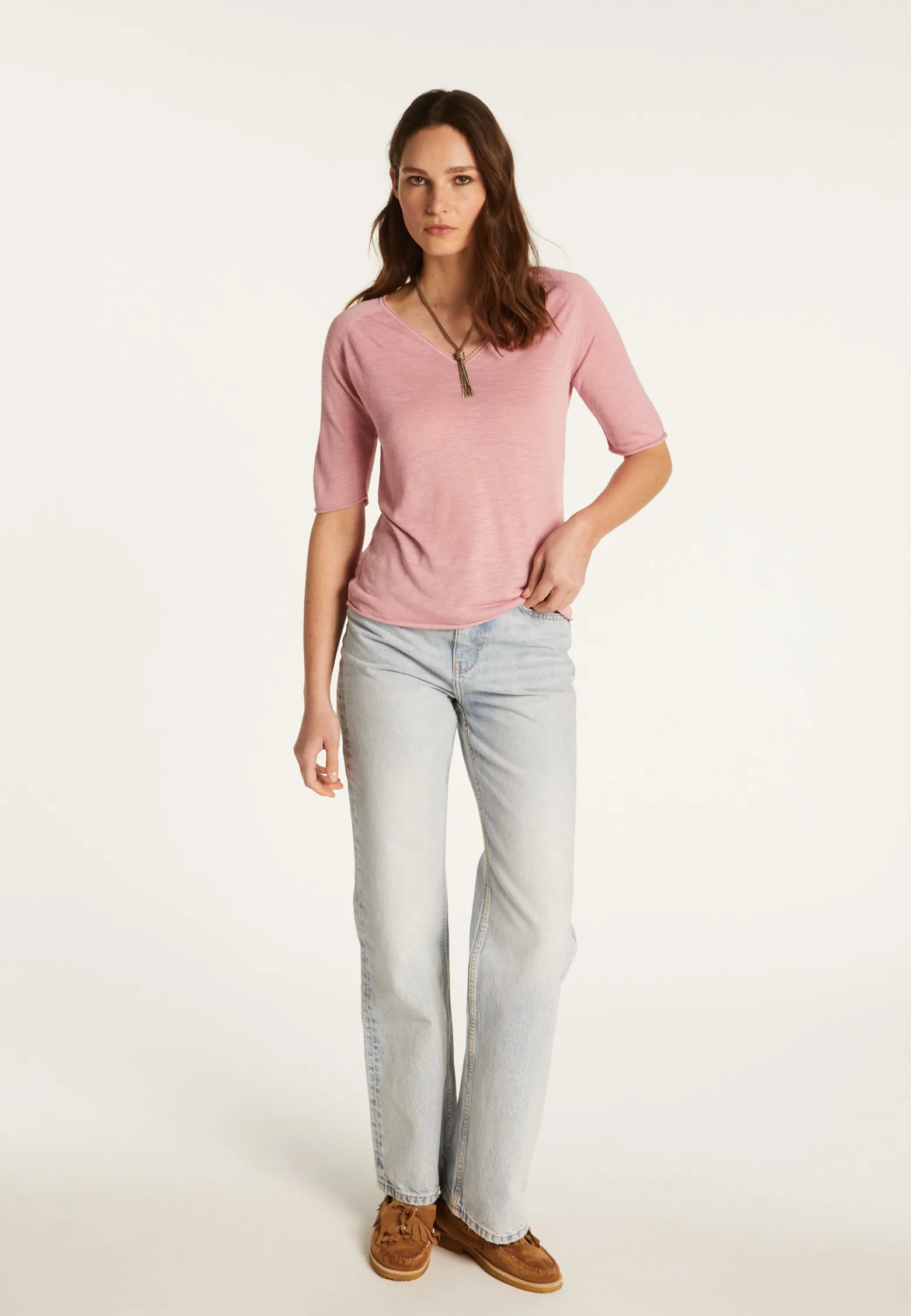 Montagut Flamed linen V-neck t-shirt - Bonbon