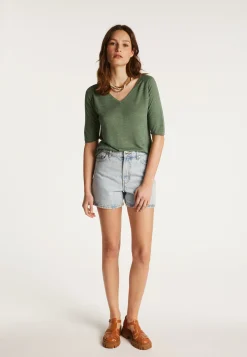 Montagut Flamed linen V-neck t-shirt - Bonbon