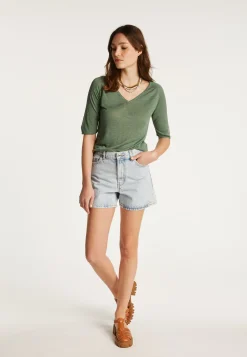 Montagut Flamed linen V-neck t-shirt - Bonbon