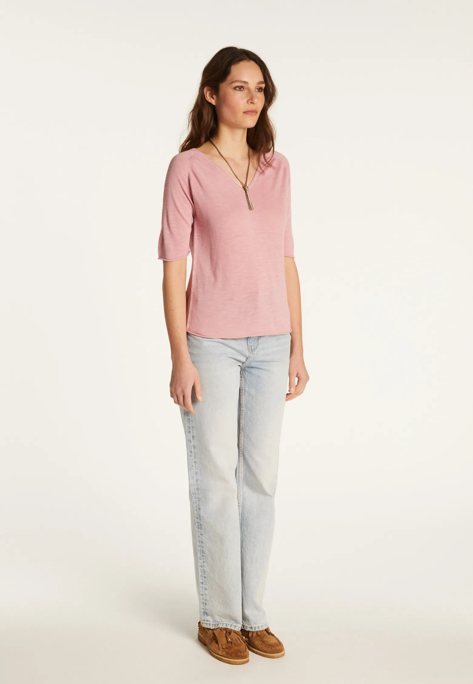 Montagut Flamed linen V-neck t-shirt - Bonbon