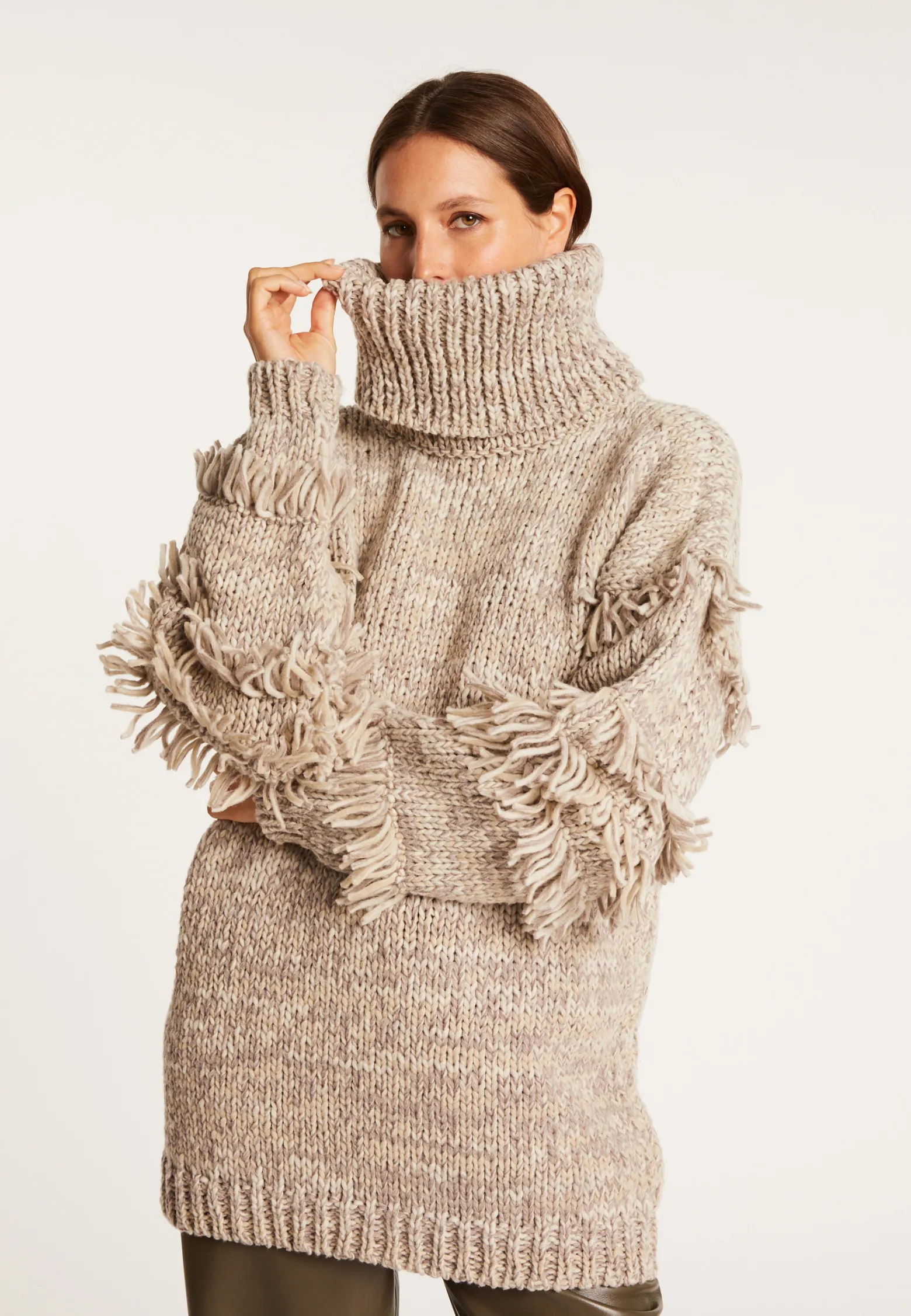 Montagut Jumper with large fringed roll neck - Sage