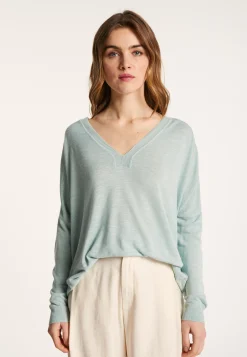 Montagut Long-sleeved V-neck t-shirt in slub linen - Beja