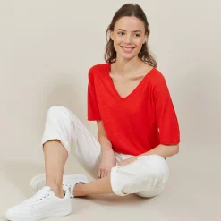 Montagut Slub linen elbow-sleeved T-shirt - Bonbon