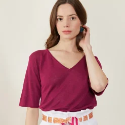 Montagut Slub linen elbow-sleeved T-shirt - Bonbon