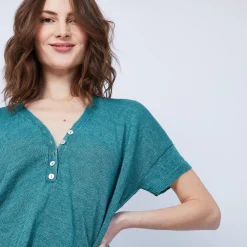 Montagut V-neck button-up linen T-shirt - MAATI