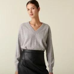 Montagut V-neck cashmere sweater in checkered knit - Canelle